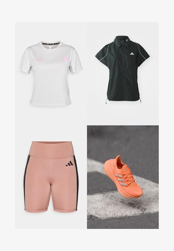 adidas Sportswear STADIUM COVER - Weste - black/off-white; Hellgraues kurzärmliges T-Shirt mit Rundhalsausschnitt, bedruckt mit "ADIDAS RUNNING" in Pink und pinkem Adidas-Logo auf der Brust. Weicher Stoff.; Rosa Sportshorts mit hoher Taille, aus dehnbarem Material. Mit schwarzen Seitenstreifen und dem Adidas-Logo auf der linken Seite.; Helles orangefarbenes Sportschuh mit strukturiertem Obermaterial, reflektierenden silbernen Streifen und einer gedämpften Sohle, schwebt über einer grauen Oberfläche.