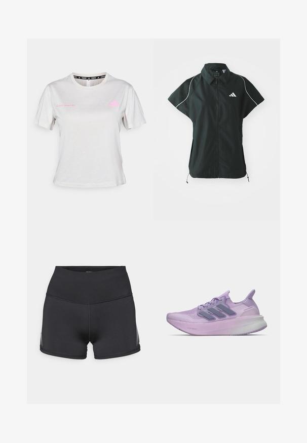 adidas Sportswear STADIUM COVER - Vesta - black/off-white; Svetlošedé tričko s krátkym rukávom s okrúhlym výstrihom, so sloganom "ADIDAS RUNNING" potlačeným v ružovej farbe, a ružovým logom Adidas na hrudi. Mäkká textúra látky.; Čierne športové šortky s vysokým pásom, vyrobené z elastickej látky. Majú biele bočné pruhy a ploché švy pre pohodlie.; Ľahká bežecká obuv svetlofialovej farby s priedušnou sieťovinou, tromi čiernymi pruhmi a odpruženou podrážkou s brandingom "Lightboost".