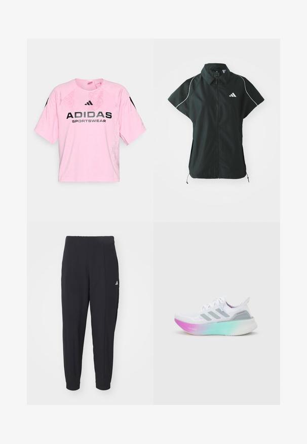 adidas Sportswear STADIUM COVER - Chaleco - black/off-white; Camiseta deportiva de manga corta en color rosa, fabricada con tejido transpirable, que presenta "ADIDAS SPORTSWEAR" en un texto negro en contraste y un patrón texturizado.; Pantalones deportivos negros fabricados con una tela suave. Diseño entallado con puños elásticos. Presenta un pequeño logo blanco en la cadera izquierda.; Zapatilla de running blanca de Adidas con rayas grises y una suela gruesa que cambia de color de rosa a verde, con texto "Lightboost" y "Ultraboost".