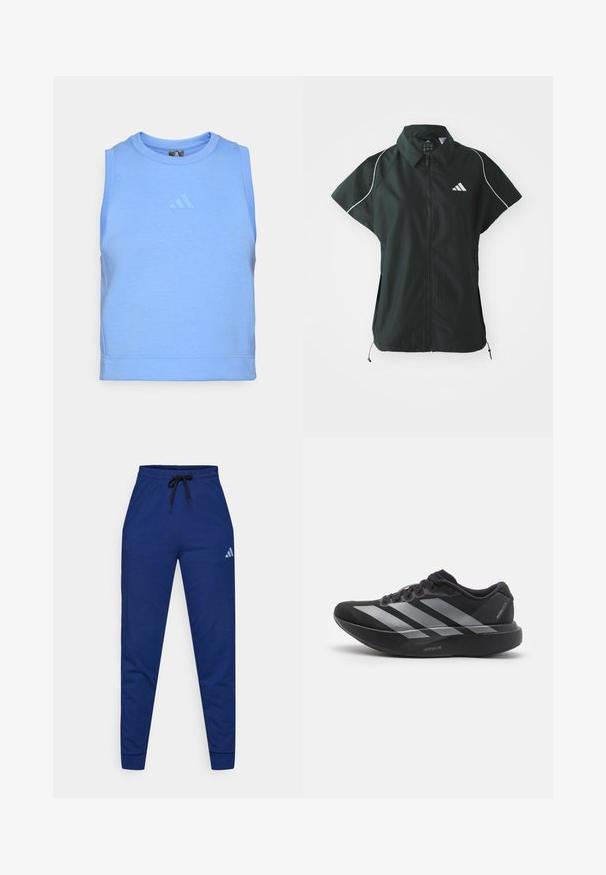 adidas Sportswear STADIUM COVER - Γιλέκο - black/off-white; Μπλε αμάνικη αθλητική μπλούζα φτιαγμένη από μαλακό, ελαστικό ύφασμα. Διαθέτει στρογγυλή λαιμόκοψη και τονικό λογότυπο στο μπροστά μέρος.; Μπλε βαμβακερές φόρμες με ελαστική μέση, ρυθμιζόμενο μαύρο κορδόνι και ένα μικρό λευκό λογότυπο στον αριστερό μηρό. Στενή εφαρμογή.; Μαύρα αθλητικά παπούτσια τρεξίματος με ασημί ρίγες, παχύ και απορροφητικό πάτος με την ετικέτα "Lightstrike Pro," πλαϊνή άποψη σε λευκό φόντο.