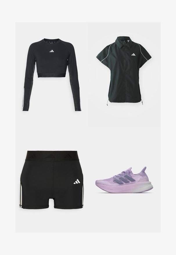 adidas Sportswear STADIUM COVER - Vest - black/off-white; Sort cropped træningstop med lange ærmer lavet af glat stof. Har et hvidt logo på brystet og stribede detaljer på ærmerne.; Sorte atletiske shorts lavet af strækbart materiale. Har en bred sort talje med præget logo og hvide sidestriber.; Letvægts løbesko i lys lilla med åndbart mesh-overdel, tre sorte striber og en polstret sål med "Lightboost" branding.
