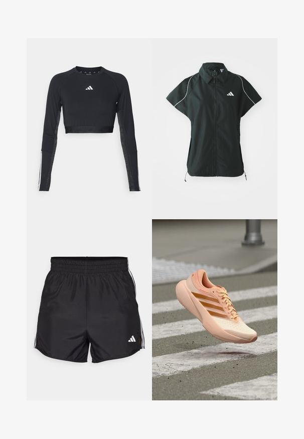 adidas Sportswear STADIUM COVER - Vest - black/off-white; Sort cropped træningstop med lange ærmer lavet af glat stof. Har et hvidt logo på brystet og stribede detaljer på ærmerne.; Sort atletiske shorts med elastisk talje, sideslids og hvide tre-stribes detaljer. Har et lille hvidt logo nederst til højre.; Lys fersken løbesko med orange striber, midt i luften over et tekstureret fodgængerfelt på en asfaltvej.