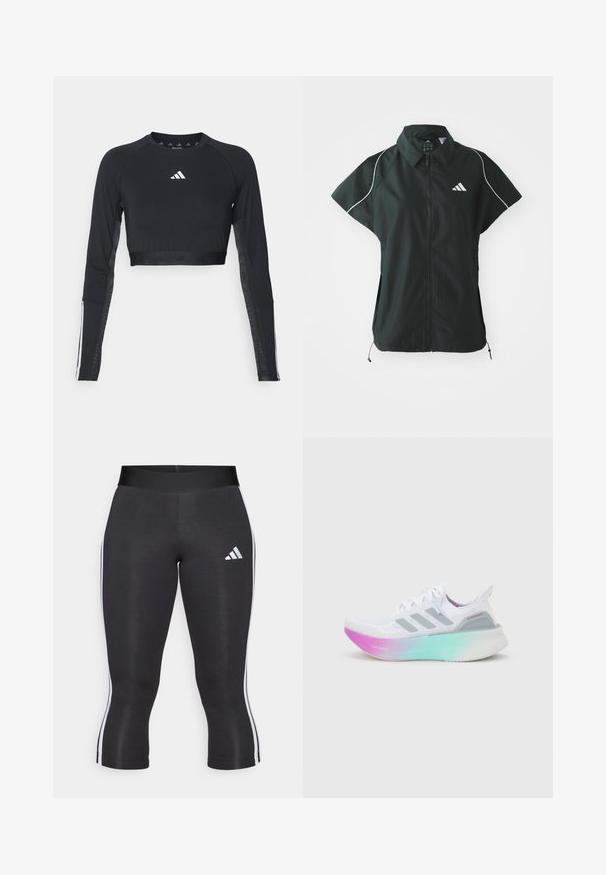 adidas Sportswear STADIUM COVER - Vest - black/off-white; Sort cropped træningstop med lange ærmer lavet af glat stof. Har et hvidt logo på brystet og stribede detaljer på ærmerne.; Sorte capri leggings med en bred talje, udstyret med hvide sideløsninger og et hvidt Adidas-logo på venstre lår. Glat tekstur.; Hvid Adidas løbesko med grå striber og en tyk sål, der går fra pink til grøn, med teksten "Lightboost" og "Ultraboost".