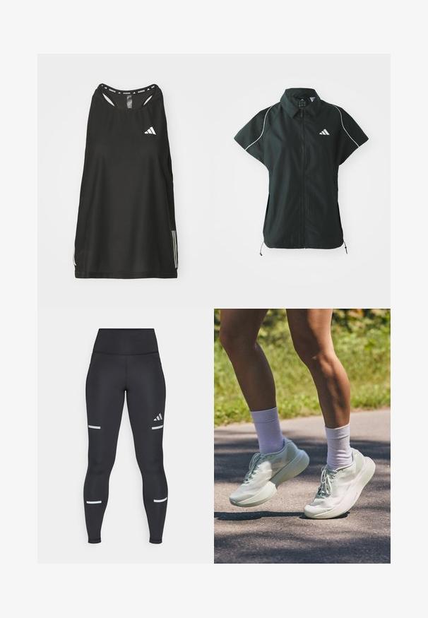adidas Sportswear STADIUM COVER - Vesta - black/off-white; Čierny bezrukávový športový top s okrúhlym výstrihom. Obsahuje biele logo a tri biele pruhy po stranách; vyrobený z priedušnej látky.; Čierne legíny s vysokým pásom, vyrobené z hladkého materiálu. Obsahujú biele reflexné pruhy v oblasti kolien a logo Adidas.; Svetlo mentolové športové topánky s hladkým povrchom, zaoblenou špicou a tlustou podrážkou. Spárované s bielymi členkovými ponožkami, zobrazené v pohybe na ceste.