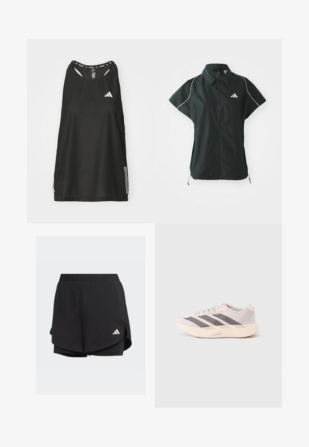 adidas Sportswear STADIUM COVER - Bodywarmer - black/off-white; Zwarte mouwloze sporttop met een ronde halslijn. Bevat een wit logo en drie witte strepen aan de zijkanten; gemaakt van ademend materiaal.; Zwarte sportshorts met een elastische tailleband, gelaagd ontwerp, binnenste strakke shorts en een wit logo aan de onderzijde links.; Lichtgewicht sportieve sneakers in lichtroze en grijs, met een bovenwerk van mesh, drie donkere strepen, en een dikke crèmekleurige zool met het opschrift "LIGHTSTRIKE PRO".