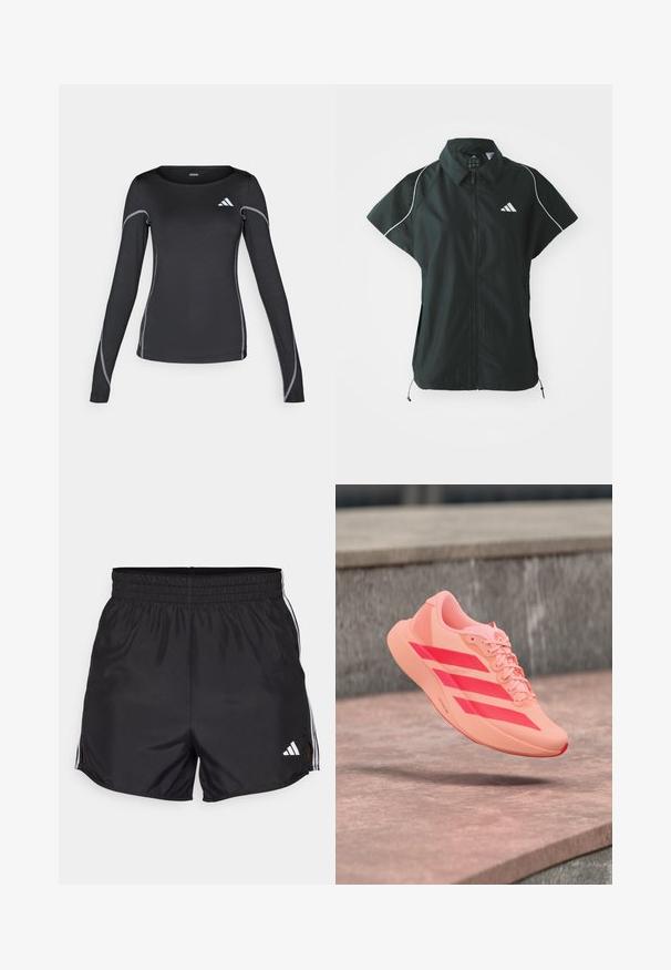 adidas Sportswear STADIUM COVER - Bodywarmer - black/off-white; Zwarte lange mouwen sportshirt met een ronde halslijn en reflecterend zilveren stiksel. Bevat een klein wit logo op de bovenste linkerzijde.; Zwarte sportshorts met een elastische tailleband, zijsplitten en witte drievoudige strepenaccenten. Bevat een klein wit logo op de rechteronderkant.; Licht koraal sportieve schoen met felrode strepen en veters die boven stenen trappen zweeft in een buitenomgeving.