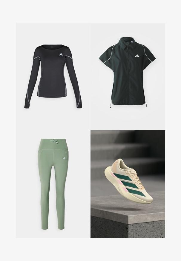 adidas Sportswear STADIUM COVER - Chaleco - black/off-white; Camisa deportiva de manga larga negra con cuello redondo y costuras reflectantes en plata. Presenta un pequeño logo blanco en la parte superior izquierda.; Leggings verdes elásticos con una cinturilla alta, que cuentan con un detalle de lazo decorativo y un pequeño logo blanco en el lado izquierdo.; Zapatilla deportiva beige claro con rayas verde oscuro y detalles en rosa, flotando sobre un saliente de hormigón en un entorno de escalera desenfocado.