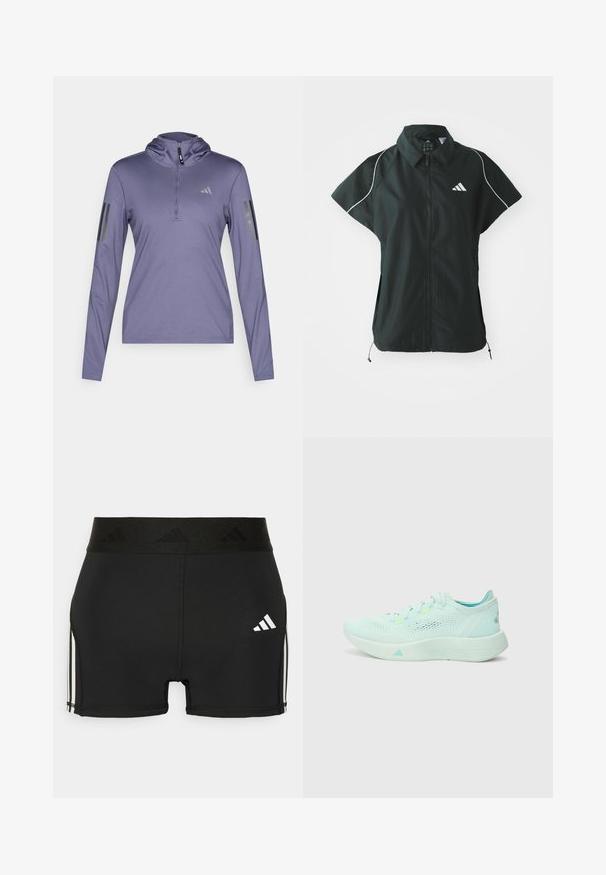 adidas Sportswear STADIUM COVER - Γιλέκο - black/off-white; Μωβ αθλητική μπλούζα μακρυμάνικη με κουκούλα, μισό φερμουάρ και τρεις μαύρες κατακόρυφες ρίγες σε κάθε μανίκι. Κατασκευασμένη από υφή αναπνεύσιμου υφάσματος.; Μαύρες αθλητικές σορτς από ελαστικό υλικό. Διαθέτουν φαρδιά μαύρη ζώνη με ανάγλυφο λογότυπο και λευκές λωρίδες πλάι.; Ανοιχτό μπλε παπούτσι τρεξίματος με επάνω μέρος από πλέγμα, υφή σόλας και μαλακή κολάρα. Διαθέτει νέον λεπτομέρειες και αερόσχημο σχέδιο.