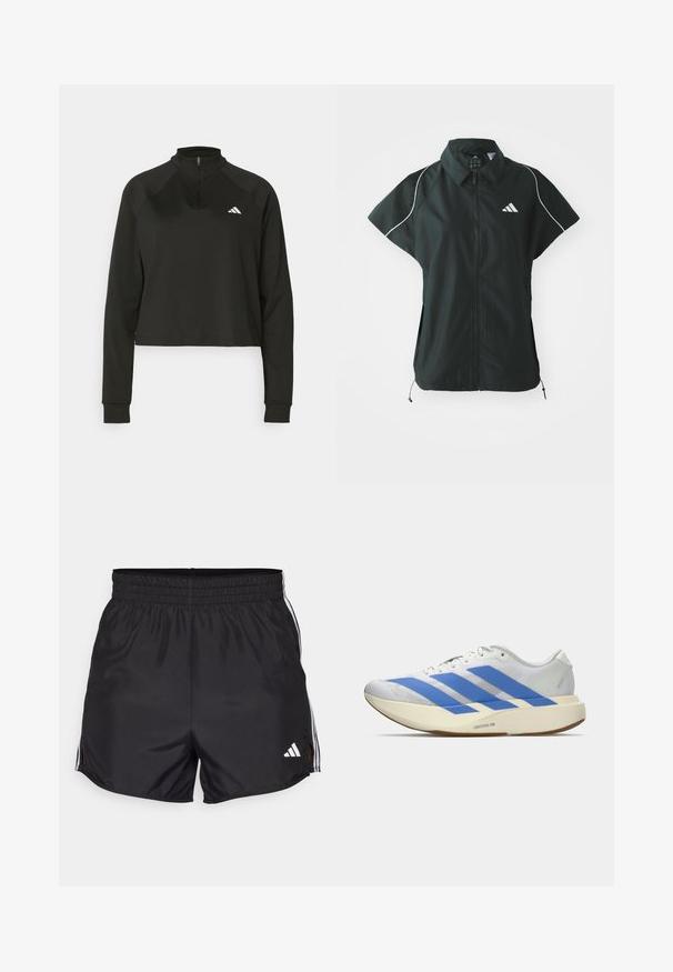 adidas Sportswear STADIUM COVER - Chaleco - black/off-white; Sudadera negra de media cremallera hecha de tela suave, con mangas largas, que cuenta con un cuello alto y un logo blanco en el lado izquierdo del pecho.; Pantalones cortos deportivos negros con cintura elástica, aberturas laterales y acentos en blanco con tres franjas. Presenta un pequeño logo blanco en la parte inferior derecha.; Zapatilla deportiva blanca con rayas azules, parte superior texturizada, suela plana y la marca "LIGHTSTRIKE PRO" en el lateral. Diseño de perfil bajo.