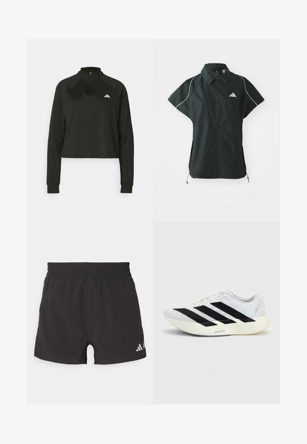adidas Sportswear STADIUM COVER - Chaleco - black/off-white; Sudadera negra de media cremallera hecha de tela suave, con mangas largas, que cuenta con un cuello alto y un logo blanco en el lado izquierdo del pecho.; Pantalones cortos deportivos negros de tejido ligero. Cuentan con una cinturilla elástica, un bolsillo lateral con cremallera y un logotipo reflectante en el dobladillo.; Zapatilla de running blanca con diseño negro de tres franjas en el lateral y suela blanca gruesa con la etiqueta "Lightstrike Pro" sobre fondo liso.