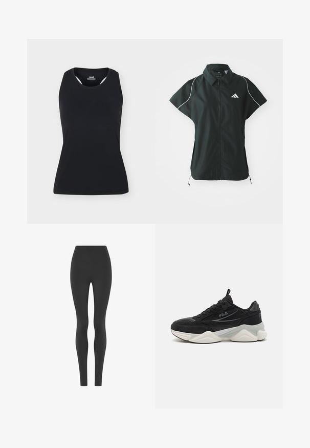 adidas Sportswear STADIUM COVER - Γιλέκο - black/off-white; Μαύρο αμάνικο αθλητικό φανελάκι με στρογγυλή λαιμόκοψη και πλάτη τύπου racerback, παρουσιασμένο σε ανοιχτό μονόχρωμο φόντο.; Μαύροι εφαρμοστοί κολάν με ψηλή μέση, με λεία επιφάνεια και χωρίς ορατά σχέδια ή λογότυπα, εμφανίζονται σε λευκό φόντο.; Μαύρα αθλητικά παπούτσια από πλέγμα και σουέτ, με παχιά σόλα, στρογγυλή γραμμή, διακριτικούς γκρι τόνους και λογότυπο στη πλευρά.