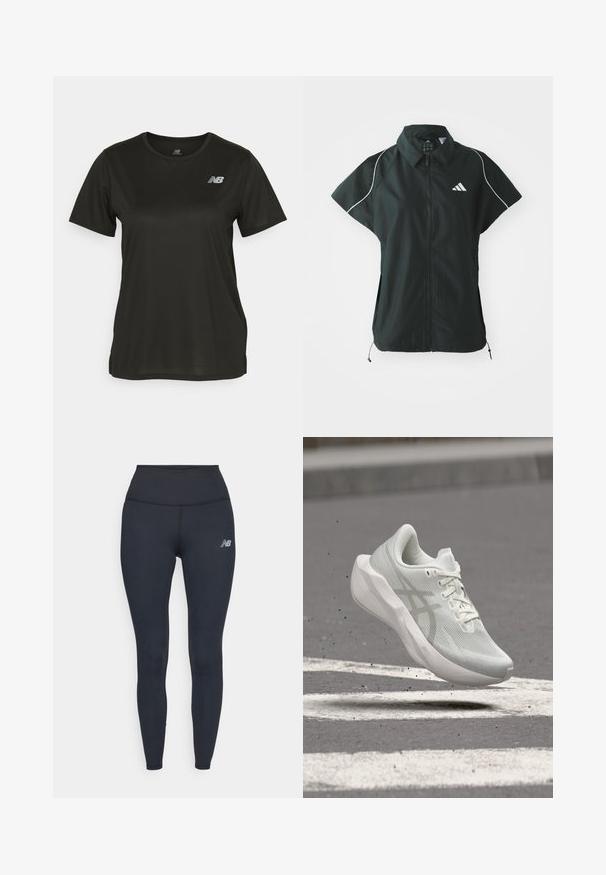 adidas Sportswear STADIUM COVER - Bodywarmer - black/off-white; Zwarte T-shirt met korte mouwen van gladde stof, met een ronde halslijn en een reflecterende witte logo op de linkerkant van de borst.; Zwarte hoge taille leggings van rekbaar materiaal, met een strak ontwerp en een klein reflecterend logo op de dij.; Witte hardloopschoen met dikke zool en mesh bovenwerk zwevend boven een asfaltweg met witte markeringen en kleine rommel.