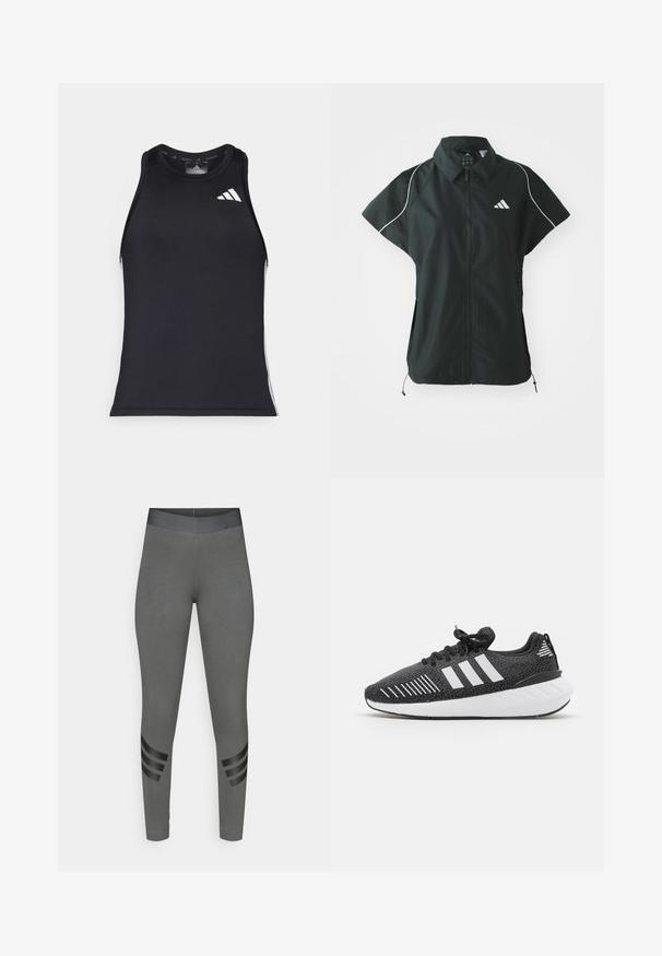 adidas Sportswear STADIUM COVER - Γιλέκο - black/off-white; Μαύρη αθλητική φανέλα με εφαρμοστή σχεδίαση, φτιαγμένη από λείο συνθετικό υλικό, με λευκό λογότυπο Adidas και πλαϊνές λεπτομέρειες.; Γκρι κολάν με ομαλή υφή, ψηλή ελαστική μέση και μαύρες ρίγες στα κάτω μέρη των ποδιών.; Μαύρα αθλητικά παπούτσια με υφή στην επάνω πλευρά, λευκό σχέδιο τριών λωρίδων, καουτσούκ σόλα και αντίθεση σε λευκό χρώμα στη φτέρνα.