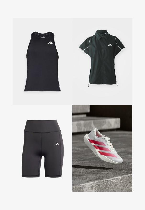 adidas Sportswear STADIUM COVER - Γιλέκο - black/off-white; Μαύρη αθλητική φανέλα με εφαρμοστή σχεδίαση, φτιαγμένη από λείο συνθετικό υλικό, με λευκό λογότυπο Adidas και πλαϊνές λεπτομέρειες.; Μαύρο αθλητικό σορτς από ελαστικό υλικό, με ψηλή μέση, επίπεδες ραφές και άσπρο λογότυπο στην αριστερή πλευρά του ισχίου.; Άσπρο αθλητικό παπούτσι με τρεις τολμηρές κόκκινες ρίγες, στον αέρα πάνω από σκάλες από σκυρόδεμα, που παρουσιάζει ελαφρύ σχεδιασμό και υφή στην σόλα.