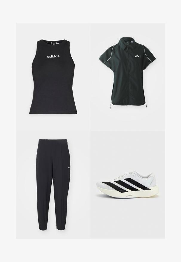 adidas Sportswear STADIUM COVER - Bodywarmer - black/off-white; Zwart mouwloos topje van katoen, met een ronde halslijn en wit "adidas" logo gecentreerd op de borst. Gladde textuur, reguliere pasvorm.; Zwarte sportbroek gemaakt van een gladde stof. Tapervormig ontwerp met elastische boorden. Voorzien van een klein wit logo op de linkerheup.; Witte hardloopschoen met zwart drie-strepen ontwerp aan de zijkant en dikke witte zool met label "Lightstrike Pro" op een effen achtergrond.