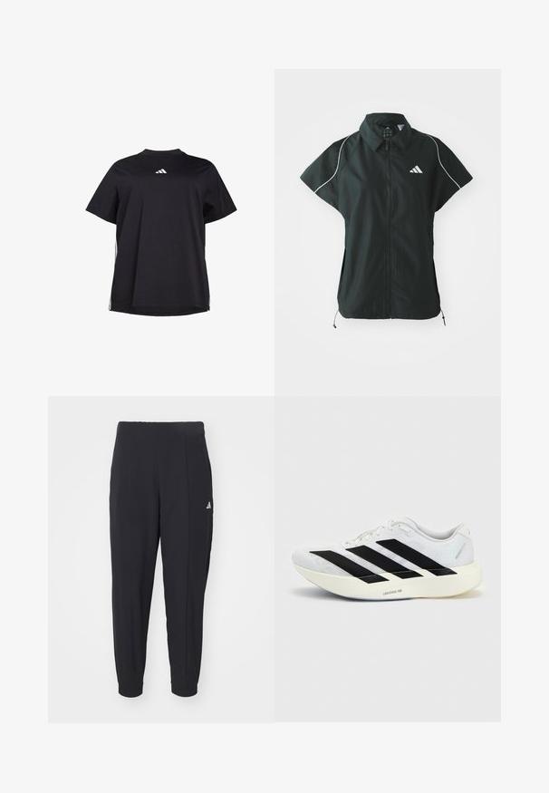 adidas Sportswear STADIUM COVER - Vesta - black/off-white; Čierne tričko s krátkym rukávom vyrobené z jemnej látky, s bielym horizontálnym akcentom na bokoch a bielym logom na prsiach.; Čierne športové nohavice vyrobené z hladkej tkaniny. Zúžený strih s elastickými manžetami. Obsahujú malé biele logo na ľavom boku.; Biela bežecká topánka s čiernym dizajnom so tromi pruhmi na boku a hrubou bielou podrážkou označenou "Lightstrike Pro" na jednofarebnom pozadí.