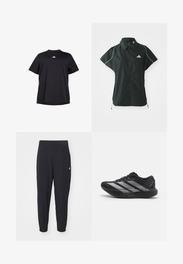 adidas Sportswear STADIUM COVER - Weste - black/off-white; Schwarzes T-Shirt mit kurzen Ärmeln aus weichem Stoff, ausgestattet mit einem weißen horizontalen Akzent an den Seiten und einem weißen Logo auf der Brust.; Schwarze Sporthosen aus einem glatten Stoff. Tapered-Design mit elastischen Bündchen. Mit kleinem weißen Logo an der linken Hüfte.; Schwarzer Laufschuh mit silbernen Streifen, dicke gepolsterte Sohle beschriftet "Lightstrike Pro", Seitenansicht auf weißem Hintergrund.