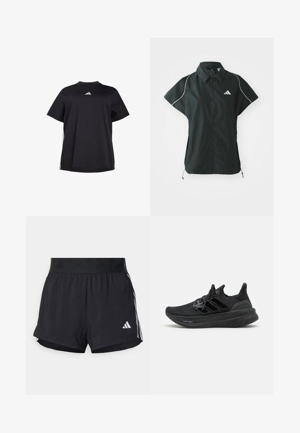 adidas Sportswear STADIUM COVER - Veste sans manches - black/off-white; T-shirt noir à manches courtes en tissu doux, avec un accent horizontal blanc sur les côtés et un logo blanc sur la poitrine.; Shorts de sport noirs avec une taille élastique, dotés d'une bande texturée, de rayures sur les côtés, et d'un logo Adidas blanc sur l'ourlet inférieur.; Baskets de sport noires avec une tige en tricot respirant, un design texturé, les trois bandes emblématiques et une semelle épaisse et rembourrée portant l'étiquette "LIGHT BOOST".