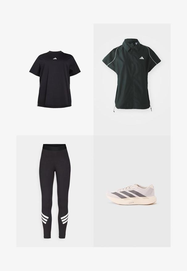 adidas Sportswear STADIUM COVER - Weste - black/off-white; Schwarzes T-Shirt mit kurzen Ärmeln aus weichem Stoff, ausgestattet mit einem weißen horizontalen Akzent an den Seiten und einem weißen Logo auf der Brust.; Schwarze Leggings aus dehnbarem Stoff, mit einem breiten Bund und drei weißen horizontalen Streifen in der Nähe der Unterschenkel.; Leichte Sportsneaker in zartem Rosa und Grau mit einem Obermaterial aus Mesh, drei dunklen Streifen und einer dicken, cremefarbenen Sohle mit der Aufschrift "LIGHTSTRIKE PRO".
