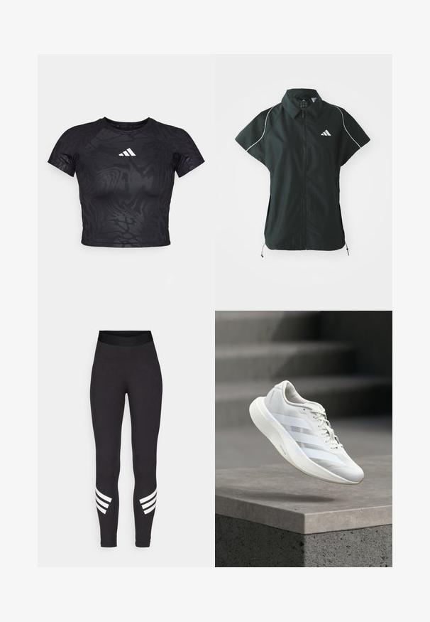 adidas Sportswear STADIUM COVER - Vest - black/off-white; Sort cropped atletisk t-shirt med et struktureret mønster, korte ærmer og et hvidt logo på brystet. Materialet ser glat og fleksibelt ud.; Sorte leggings lavet af strækbart materiale, med en bred talje og tre hvide vandrette striber nær de nederste ben.; Hvid atletiksko med en struktureret overlæder, tre laterale striber, polstret sål og rundet tå, placeret over en betongulv.