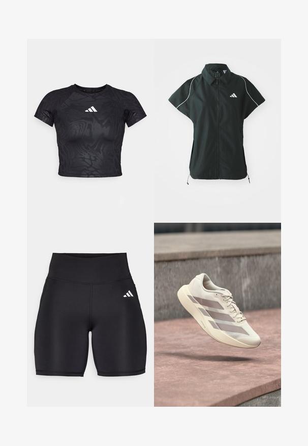 adidas Sportswear STADIUM COVER - Vest - black/off-white; Sort cropped atletisk t-shirt med et struktureret mønster, korte ærmer og et hvidt logo på brystet. Materialet ser glat og fleksibelt ud.; Sorte atletiske shorts lavet af strækbart stof, med en høj talje, en glat tekstur og et hvidt tre-stribe logo på siden.; Kremfarvet løbesko med taupe-striber, der svæver over en rødbrun flisebelagt overflade og en grå stenmurstensbaggrund.