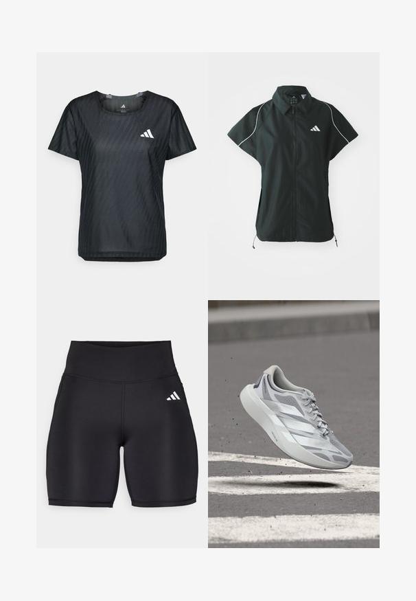 adidas Sportswear STADIUM COVER - Bodywarmer - black/off-white; Zwart sportshirt met ronde hals, korte mouwen en een textielstructuur met een subtiel patroon. Voorzien van een wit logo op de voorkant.; Zwarte sportshorts van rekbaar materiaal, met een hoge tailleband, een gladde textuur en een wit logo met drie strepen aan de zijkant.; Lichtgrijze en witte hardloopschoen zwevend boven asfalt met witte wegbelijning, met een strak ontwerp en een gedempte zool.