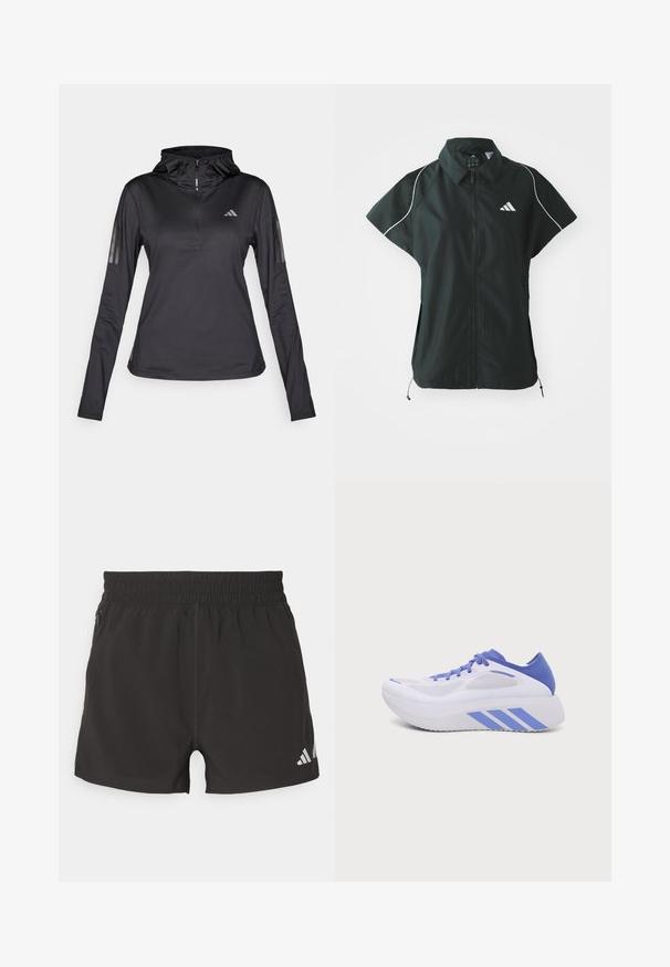 adidas Sportswear STADIUM COVER - Chaleco - black/off-white; Sudadera atlética negra de manga larga con Media cremallera, tejido texturizado, capucha ajustable y franjas reflectantes en las mangas. Presenta un logotipo en el pecho.; Pantalones cortos deportivos negros de tejido ligero. Cuentan con una cinturilla elástica, un bolsillo lateral con cremallera y un logotipo reflectante en el dobladillo.; Zapatilla deportiva blanca y azul con suela gruesa, paneles de malla y tres rayas azules en el lateral, mostrada de perfil sobre un fondo liso.