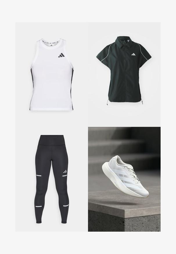 adidas Sportswear STADIUM COVER - Γιλέκο - black/off-white; Λευκό αθλητικό αμάνικο μπλουζάκι με μαύρες πλαϊνές λεπτομέρειες και λογότυπο. Διαθέτει στρογγυλή λαιμόκοψη και εφαρμοστή γραμμή, κατασκευασμένο από ελαφρύ και αερόβιο υλικό.; Μαύρες κολάν με ψηλή μέση, κατασκευασμένες από λείο υλικό. Διαθέτουν λευκές ανακλαστικές ρίγες κοντά στα γόνατα και το λογότυπο της Adidas.; Άσπρο αθλητικό παπούτσι με υφασμένο επάνω μέρος, τρεις πλαϊνές ρίγες, μαξιλαρωμένη σόλα και στρογγυλεμένη μύτη, τοποθετημένο πάνω σε σκυρόδεμα.