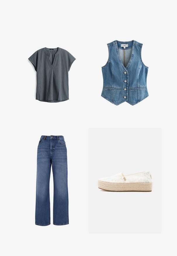 Mouwloos blauwe denimvest met V-hals, vier knopen aan de voorkant en twee horizontale steekzakken, getailleerde pasvorm.; Grijze, gestructureerde blouse met korte mouwen en een V-halslijn, met een licht gebogen zoom. Heeft plissé voegen bij de halslijn en is gemaakt van een lichtgewicht stof.; Wijdgesneden denim jeans van middelzware blauwe katoenstof. Bevat een klassieke vijf-pocket ontwerp en een ritssluiting met knoopsluiting.; Witte slip-on schoen van kant met een dikke, gevlochten plateauzool en een klein stoffen label aan de zijkant, weergegeven in profiel op een effen achtergrond.