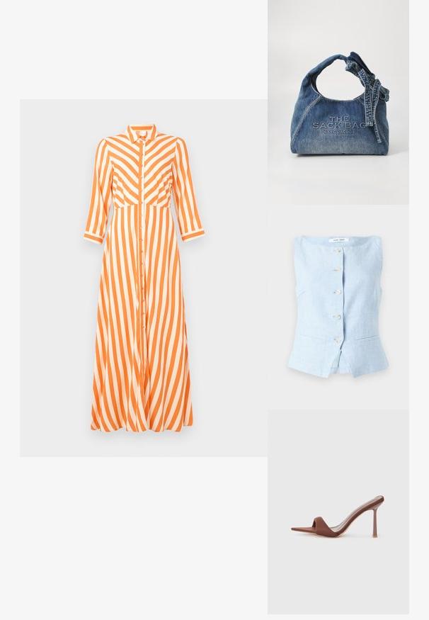 Lichtblauw mouwloos linnen vest met vijf witte knopen aan de voorkant en twee kleine gleufzakken bij de taille.; Knoopjesjurk met verticale oranje en witte strepen, lange mouwen, een kraaghalslijn en een vloeiende pasvorm met een rechte zoom.; Bruine hoge sandalen met een spitse neus, gemaakt van een gladde stof. Heeft een minimalistisch ontwerp met een hoge stilettohak en een open achterkant.; Denim schoudertas met een gedraaide handgreep. Bevat geperste tekst "THE SACK BAG" en "MARC JACOBS." Gladde textuur met een lichte vervaagdetail.