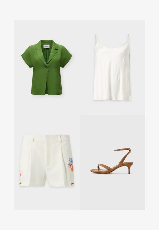 Blazer vert à manches courtes avec une fermeture à un bouton, revers crantés et poches avant, présenté sur un fond clair uni.; Haut caraco en satin blanc avec fines bretelles réglables et un ourlet légèrement évasé sur un fond uni.; Short blanc sur mesure avec passants de ceinture et broderie florale colorée de chaque côté près de l’ourlet.; Sandale en cuir marron avec lanières, talon bas en forme de petit escarpin et bride à la cheville avec une petite boucle, vue de côté sur un fond uni.