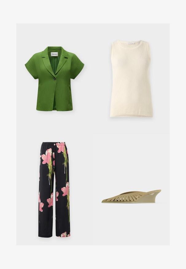 Groene korte mouw blazer met eenknopsluiting, ingesneden revers en voorzakken, weergegeven op een effen lichte achtergrond.; Mouwloze crèmekleurige top met geribbelde textuur en ronde hals. De stof lijkt zacht, met een aansluitende pasvorm en zonder zichtbare patronen of accenten.; Bloemen brede broek met een zwarte achtergrond, versierd met roze en groene aquarelachtige bloemen. Zachte stof met een elastische tailleband.; Beige sleehak mule met uitgesneden design langs de zijkant, met een puntige neus en lage hak.