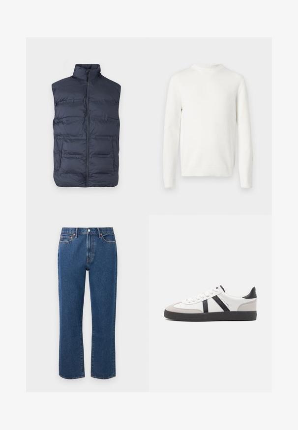Navyblå polstret ærmeløs vest med lynlås foran og høj krave, designet til varme og afslappet brug.; Hvid langærmet strikket sweater med ribbet rund hals, manchetter og kant, vist fladt på en hvid baggrund.; Blå straight-leg jeans lavet af denim, med knaplukning, fem lommer og kontrasterende orange stikninger.; Hvide sneakers med sorte og grå detaljer, med en tekstureret grå tåhætte, sort gummisål og flade hvide snørebånd. Rent design, minimalistisk stil.