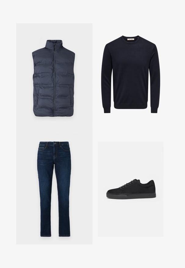 Marineblaue, gepolsterte ärmellose Weste mit Vorderreißverschluss und hohem Kragen, entworfen für Wärme und lässiges Tragen.; Marineblauer Langarmpullover mit Rundhalsausschnitt, gerippten Bündchen an Ärmel, Saum und Hals, mit dem Label "Only & Sons" innen am Kragen.; Dunkelblaue Jeans im Slim-Fit-Stil mit dem klassischen Fünf-Taschen-Design sowie einer Knopf- und Reißverschlussbefestigung. Glatte Textur mit minimalem Verblassen.; Schwarzer Low-Top-Sneaker mit Schnürung vorne und flacher Gummisohle, seitlich auf weißem Hintergrund dargestellt.