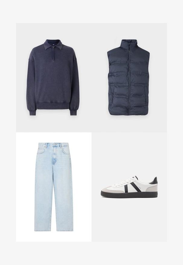 Marineblauw gewatteerd mouwloos vest met ritssluiting aan de voorkant en hoge kraag, ontworpen voor warmte en casual gebruik.; Navyblauwe sweatshirt met een halve rits kraag, relaxte pasvorm en ribgebreide manchetten. Gemaakt van zacht materiaal met een gestructureerde afwerking.; Lichtblauwe denim wijde broek met een hoge taille, vijf zakken en een knoopsluiting. Soepele textuur met een vervaagde wasfinish.; Witte sneaker met zwarte en grijze accenten, voorzien van een grijze neus met textuur, zwarte rubberen zool en platte witte veters. Schoon ontwerp, minimalistische stijl.