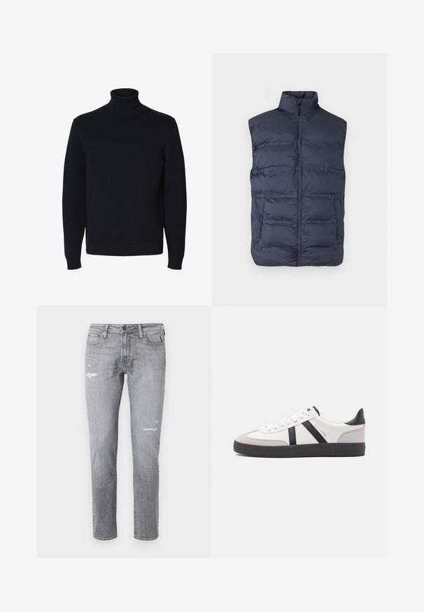 Chaleco acolchado sin mangas en azul marino con cremallera frontal y cuello alto, diseñado para brindar calor y un uso casual.; Jersey negro de punto con cuello vuelto y mangas largas, con puños y dobladillo acanalados, mostrado sobre un fondo blanco.; Jeans gris claro de mezclilla, con áreas desgastadas y corte recto. Diseño clásico de cinco bolsillos con acentos de metal.; Zapatilla blanca con acentos en negro y gris, que presenta una puntera texturizada en gris, suela de goma negra y cordones planos blancos. Diseño limpio, estilo minimalista.