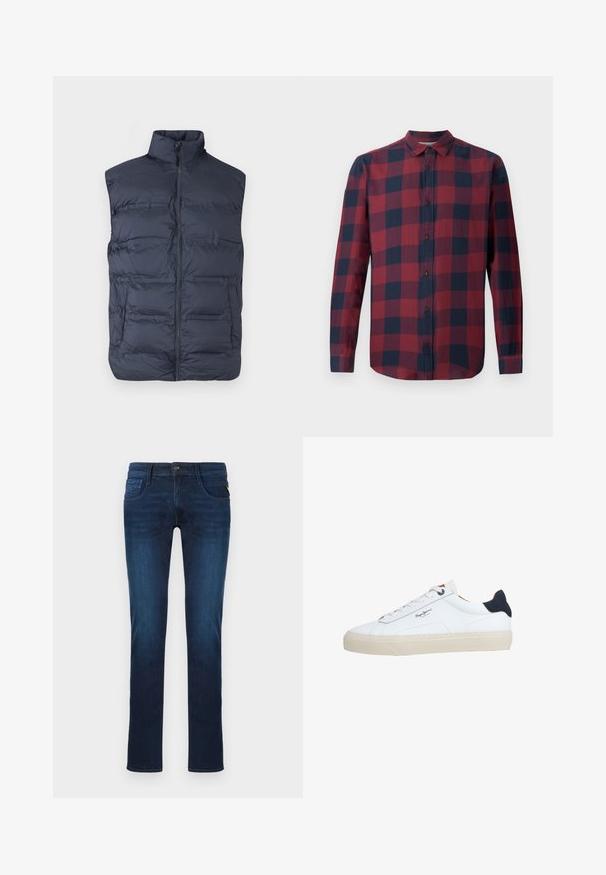 Chaleco acolchado sin mangas en azul marino con cremallera frontal y cuello alto, diseñado para brindar calor y un uso casual.; Camisa de cuadros en rojo y azul marino de manga larga con cuello abotonado y botones oscuros. Fabricada con un tejido ligero de textura suave.; Jean ajustado de color azul oscuro con bolsillos delanteros y traseros, cierre de botón y ligero desgastado en los muslos y las rodillas.; Zapatilla deportiva blanca de corte bajo con suela beige, cordones blancos, lengüeta trasera negra y logotipo "Pepe Jeans London" en el lateral.