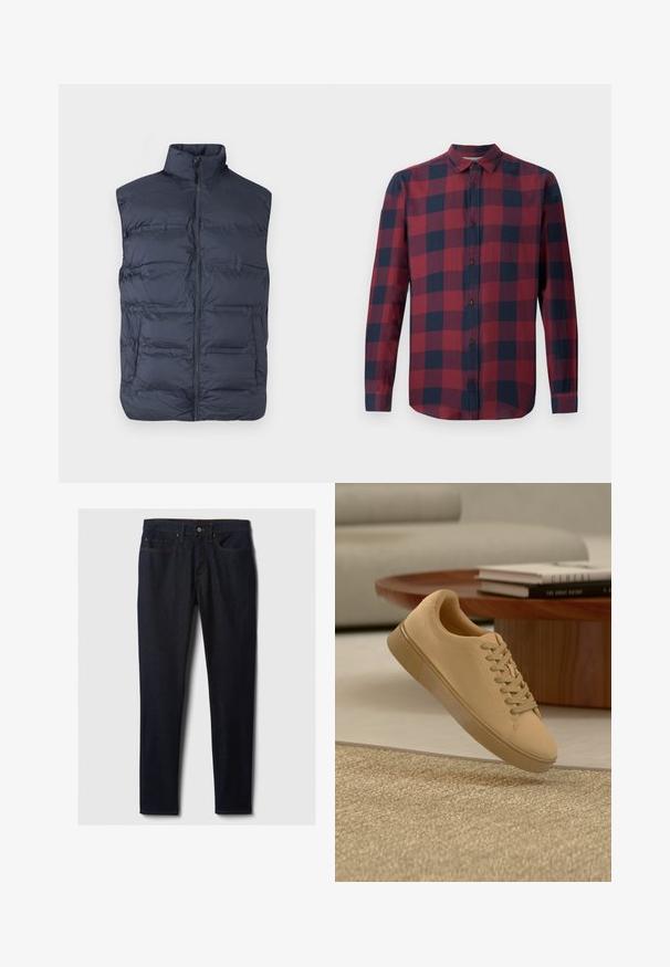 Veste sans manches matelassée bleu marine avec fermeture éclair à l'avant et col montant, conçue pour la chaleur et un style décontracté.; Chemise à manches longues à carreaux rouge et marine avec un col boutonné et des boutons foncés. Fabriquée en tissu léger avec une texture lisse.; Jean en denim bleu foncé avec une coupe droite, disposant de poches avant, d'une fermeture à bouton métallique et de surpiqûres jaunes contrastantes.; Baskets beiges à lacets flottant au-dessus d'un tapis texturé avec une table basse en bois et des livres empilés en arrière-plan flou.