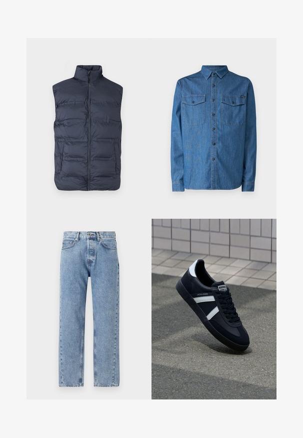 Veste sans manches matelassée bleu marine avec fermeture éclair à l'avant et col montant, conçue pour la chaleur et un style décontracté.; Chemise en denim bleu moyen, à manches longues, avec un design boutonné, deux poches poitrine et un col. Logo sur le devant.; Jeans en denim bleu clair avec une coupe ample, un design à jambe droite, cinq poches et des détails de couture visibles sur les coutures.; Sneaker en cuir noir avec des rayures blanches, semelle en caoutchouc texturée et devant à lacets. Présente une étiquette de marque sur la languette.