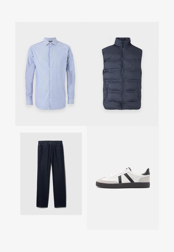 Navyblå polstret ærmeløs vest med lynlås foran og høj krave, designet til varme og afslappet brug.; Blå og hvid stribet button-up skjorte med krave, lange ærmer og lige kant. Blødt stof og klassisk pasform.; Mørkeblå lige ben denim jeans med fem lommer, knaplukning og synlig syning på en ensfarvet lys baggrund.; Hvide sneakers med sorte og grå detaljer, med en tekstureret grå tåhætte, sort gummisål og flade hvide snørebånd. Rent design, minimalistisk stil.