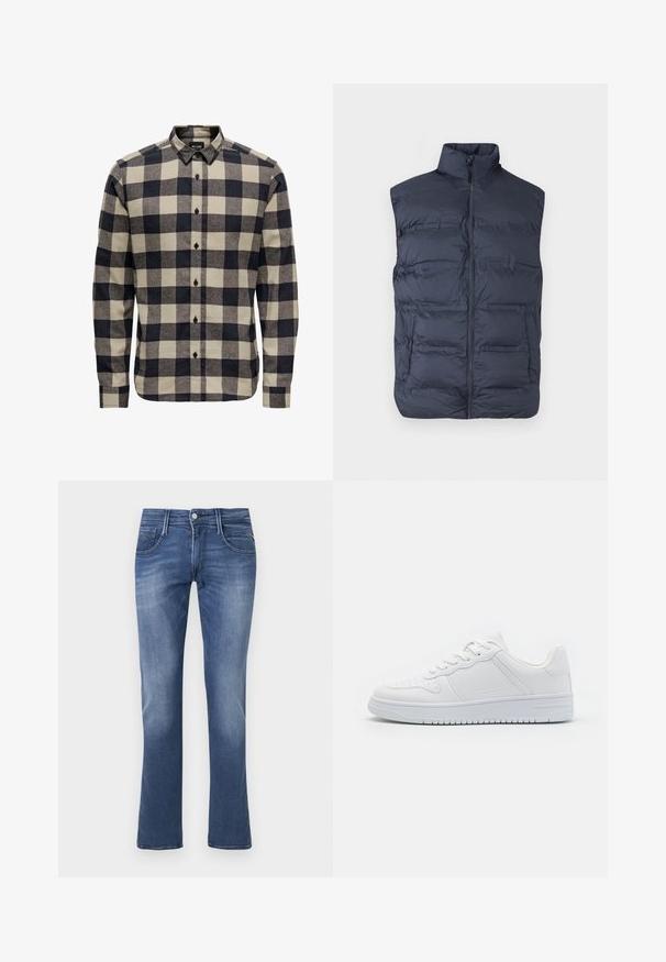 Navyblå polstret ærmeløs vest med lynlås foran og høj krave, designet til varme og afslappet brug.; Herres flannelskjorte i sort og creme, med et klassisk ternet mønster, knap-for-krave og lange ærmer med knapmanchetter.; Blå denim straight-leg jeans med frontknap, lynlås samt for- og baglommer på en hvid baggrund.; Hvide sneakers lavet af glat syntetisk materiale, med flade snørebånd, perforeret tå og en gummisål med et tekstureret grebmønster.
