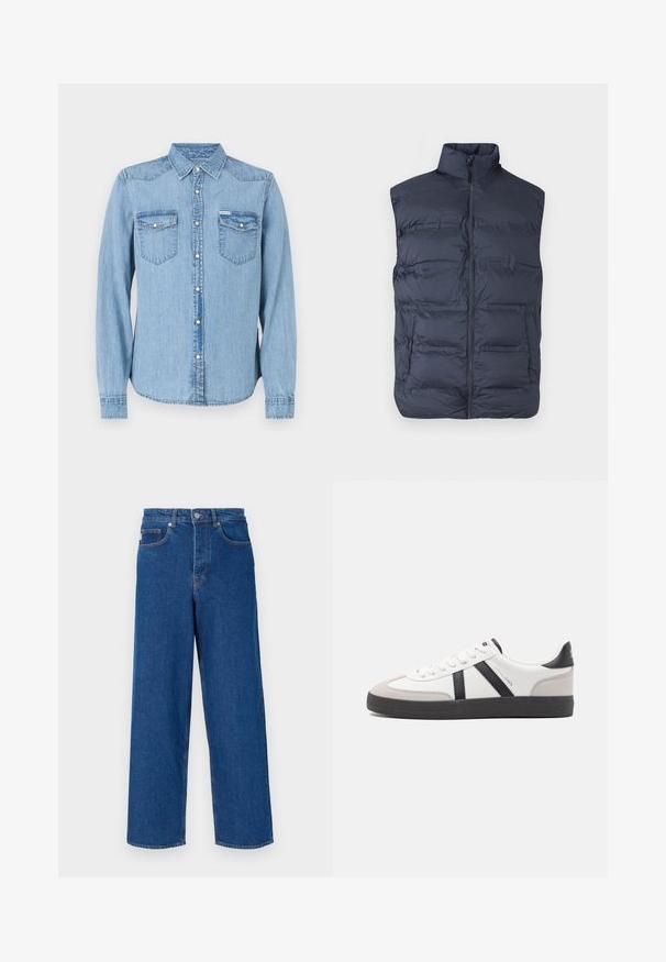 Navyblå polstret ærmeløs vest med lynlås foran og høj krave, designet til varme og afslappet brug.; Lyseblå denimskjorte med lange ærmer, spidse krave og trykknaplukning. Har to brystlommer med klapper. Lige snit.; Bredde ben blå jeans lavet af denim, med høj talje, fem-lomme design og kontrastsyninger langs sømene og lommerne.; Hvide sneakers med sorte og grå detaljer, med en tekstureret grå tåhætte, sort gummisål og flade hvide snørebånd. Rent design, minimalistisk stil.