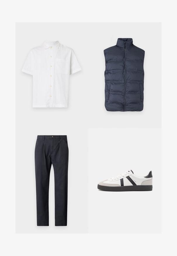 Marineblauw gewatteerd mouwloos vest met ritssluiting aan de voorkant en hoge kraag, ontworpen voor warmte en casual gebruik.; Witte short-sleeve shirt met een knoopsluiting aan de voorkant, voorzien van een enkele zak, gestructureerde stof en lichtgele knopen.; Donkergrijze broek van katoen. Ze hebben een geplooide voorkant, een knoopsluiting en twee zijzakken. Rechte pijpen.; Witte sneaker met zwarte en grijze accenten, voorzien van een grijze neus met textuur, zwarte rubberen zool en platte witte veters. Schoon ontwerp, minimalistische stijl.
