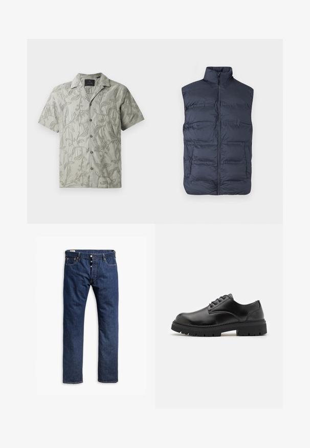 Marineblauw gewatteerd mouwloos vest met ritssluiting aan de voorkant en hoge kraag, ontworpen voor warmte en casual gebruik.; Korte mouwen lichtgrijze shirt met geborduurde bloemenpatronen, een camp collar en een knoopsluiting met grijze knopen.; Donkerblauwe denim jeans met een recht pijpdesign, contrasterende stiksels, een knopenrits en vijf-pocketstijl.; Zwarte leren schoenen met een ronde neus, vetersluiting en een dikke, gestructureerde rubberen zool. Kenmerken zijn stiksels langs de rand en een gladde afwerking.
