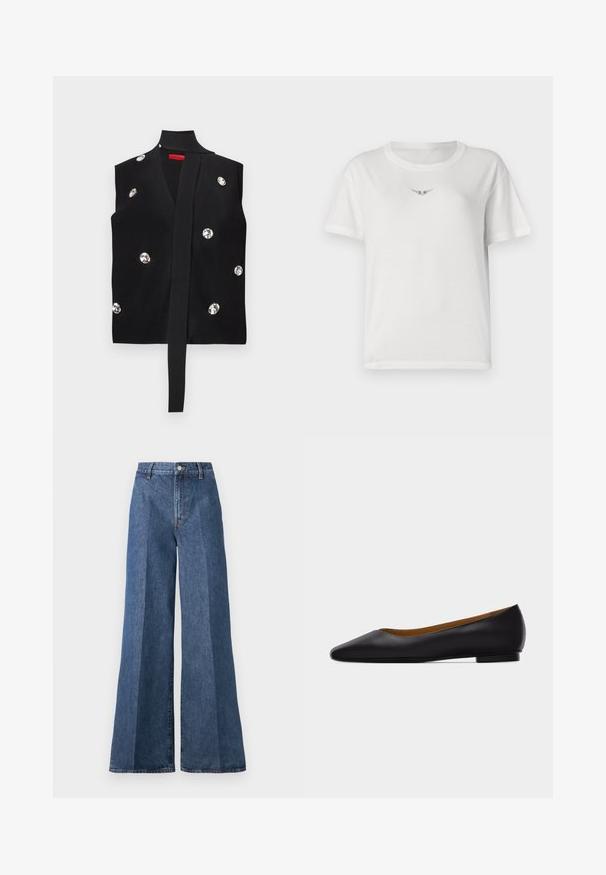 Sort strikket ærmeløs vest med bindebånd foran, pyntet med store, runde rhinsten fordelt over stoffet.; Hvid bomulds t-shirt med korte ærmer, der har et lille sort vinge-design på brystet og en klassisk rund halsudskæring.; Bredde ben blå denim jeans med høj talje, med klassisk fem-lomme stil og knaplukning, lavet af struktureret bomstof.; Sort læder flad sko med spids tå, lav hæl og glat finish, vist fra siden på en lysegrå baggrund.