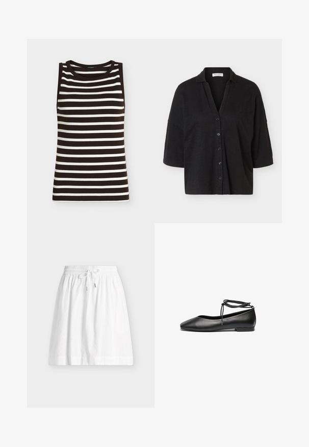 Haut en maille sans manches noir et blanc à rayures horizontales avec un col rond sur un fond uni.; Chemise noire ample à boutons avec manches larges mi-longues et petit col, présentée sur un fond clair uni.; Jupe blanche longueur genou avec taille élastique, cordon de serrage et motif ajouré discret.; Ballerines noires en cuir avec un bout pointu, un talon plat et un détail de lacet autour de la cheville. Texture lisse, design minimaliste.