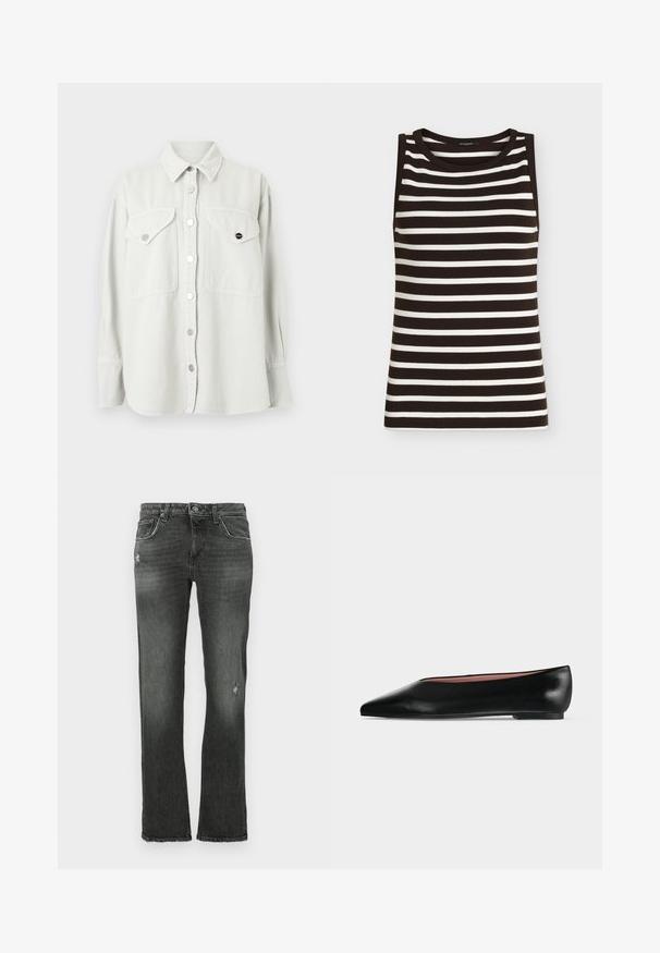 Haut en maille sans manches noir et blanc à rayures horizontales avec un col rond sur un fond uni.; Chemise blanche à manches longues avec deux poches poitrine à rabat et boutons-pression métalliques, présentée sur un fond uni.; Jeans en denim noir avec une coupe droite, présentant des détails subtils d'usure et une disposition classique à cinq poches. Fermeture à bouton standard et passants de ceinture.; Chaussure plate en cuir noir pour femme, avec bout pointu et petit talon, vue de côté sur un fond gris clair uni.