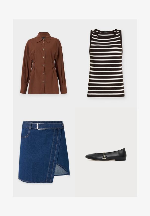Haut en maille sans manches noir et blanc à rayures horizontales avec un col rond sur un fond uni.; Chemise marron à manches longues avec boutons sur le devant, col large et détails de boucles latérales réglables, présentée sur un fond uni.; Jupe portefeuille en denim bleu foncé avec une ceinture assortie, une boucle argentée et des coutures orange visibles sur un fond clair uni.; Chaussure plate en cuir noir avec bout arrondi et petit détail de boucle dorée sur le côté, présentée sur un fond clair uni.