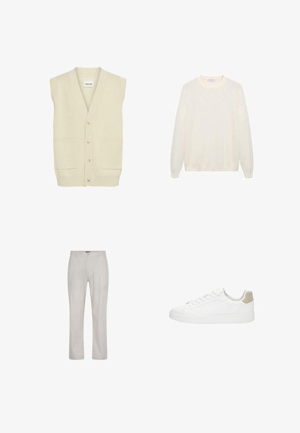 Cardigan sans manches de couleur crème avec un col en V, doté de boutons sur le devant et de deux poches latérales. Un tissu en tricot texturé est visible.; Pull crème en tricot doux, avec un col rond, des manches longues et des poignets et un bas côtelés. Design simple sans motifs.; Pantalons beige clair en tissu doux et lisse. Présentent une coupe droite, des plis à l'avant et une fermeture à un bouton à la taille.; Baskets basses blanches avec lacets à l'avant, dessus en cuir lisse, languette de talon beige clair et semelle en caoutchouc plate.