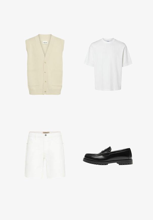 Cardigan sans manches de couleur crème avec un col en V, doté de boutons sur le devant et de deux poches latérales. Un tissu en tricot texturé est visible.; T-shirt blanc uni à manches courtes, col rond et coupe décontractée, présenté sur un fond blanc.; Shorts en denim blanc avec un design classique à cinq poches, fermeture à bouton en métal et détails de surpiqûres contrastants. Texture lisse et coupe droite.; Mocassin en cuir noir avec une semelle en caoutchouc épaisse et un détail classique de bride à monnaie, vu de côté extérieur.